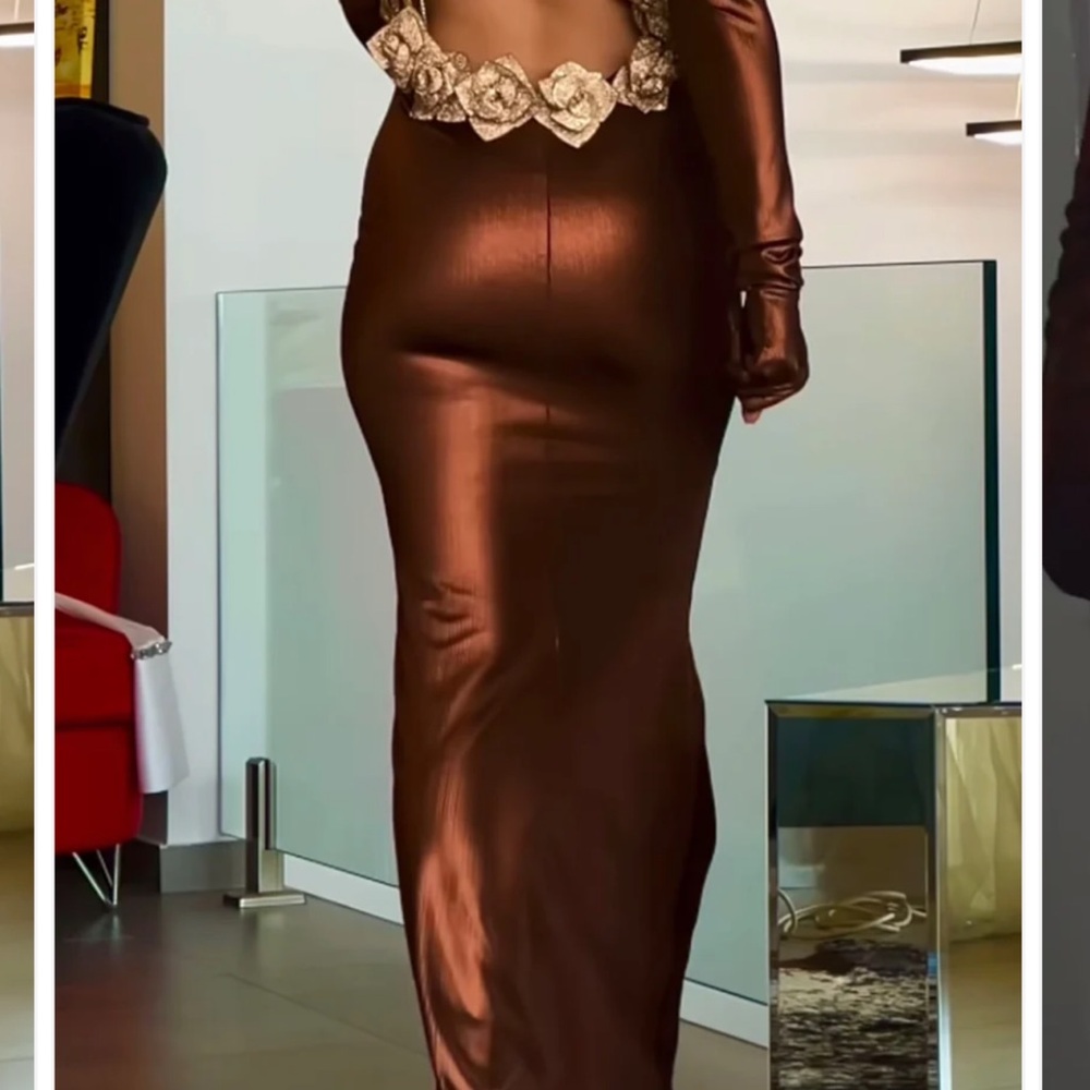 Elegant Brown Evening Gown with Gold Accents